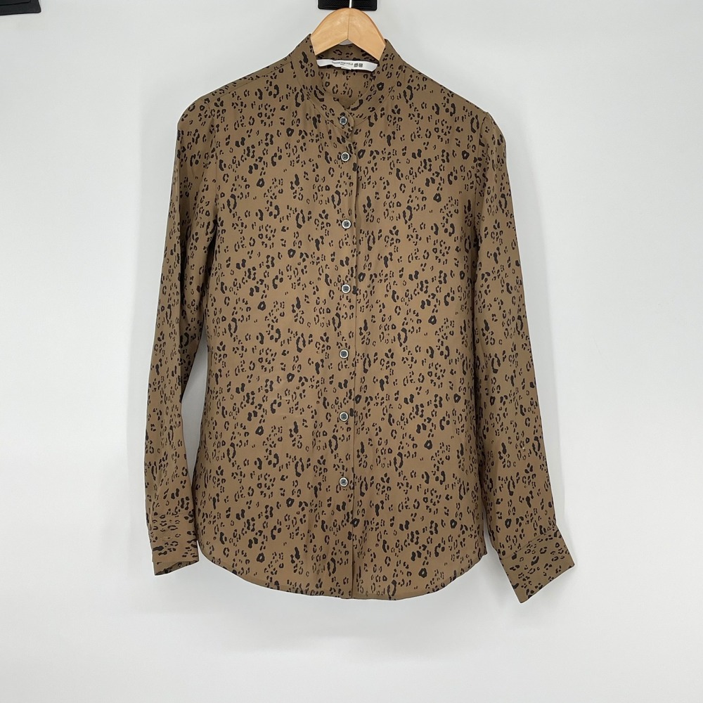Carine Roitfeld Uniqlo‎ Brown Leopard Print Silk Long Sleeve Button Shirt Size S